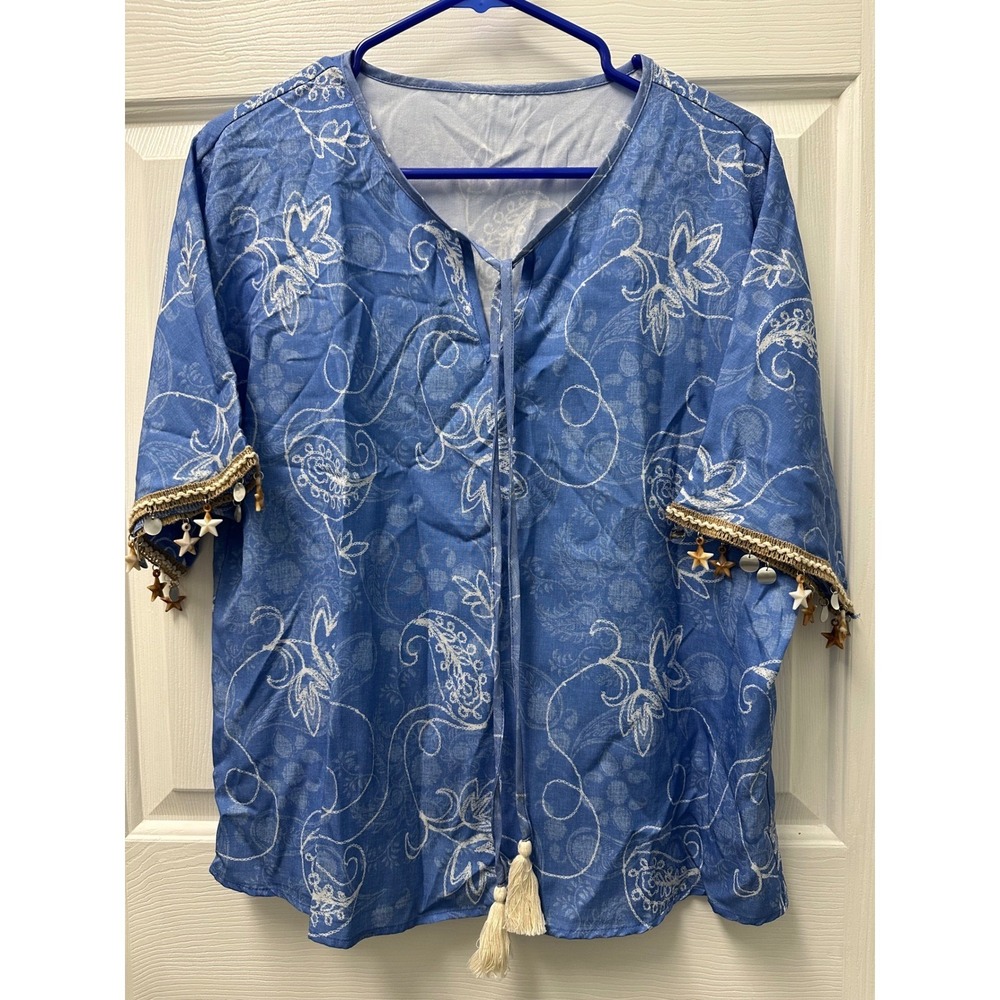 Blue Paisley Tassel Tie Blouse Women Medium Star Charm Trim Boho Short Sleeve